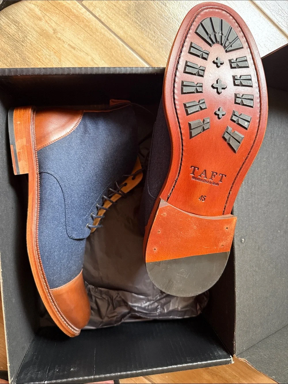 TAFT Jack Boot Leather and Wool Navy Blue Brown